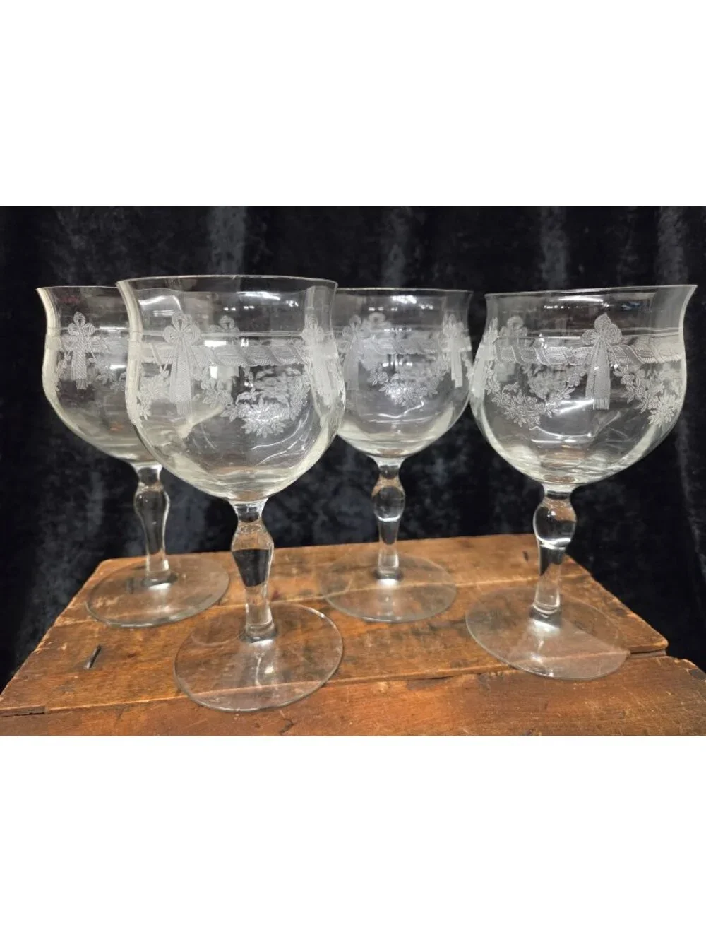 4 Antique Etched Glass Floral & Bow Garland Goblets Louis XVI